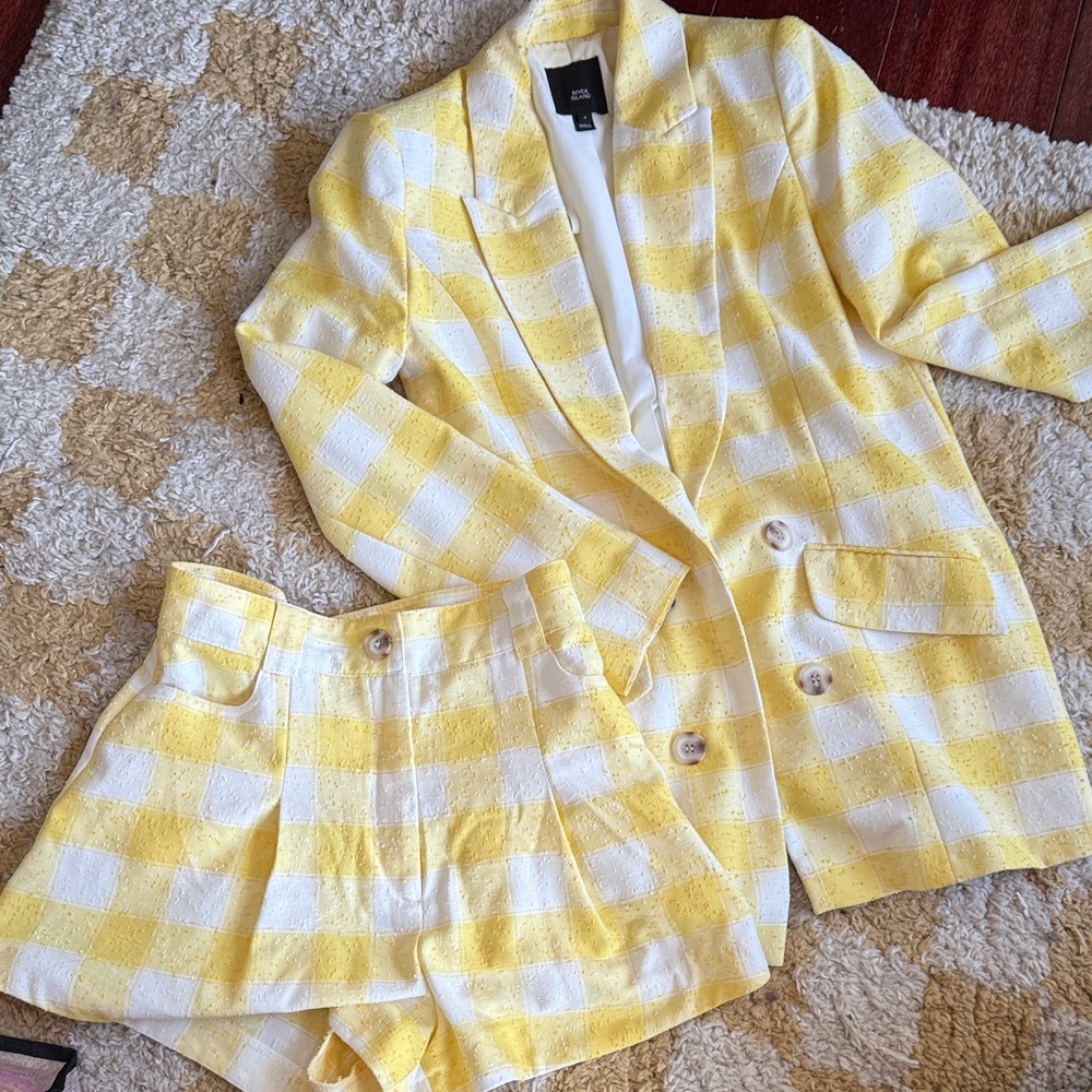 River Island Yellow and White Checkered Blazer and Shorts Set